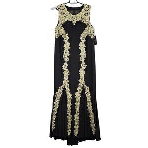 Womens Betsy & Adam Black & Gold Embroidered Evening Gown Polyester Stretch 14W